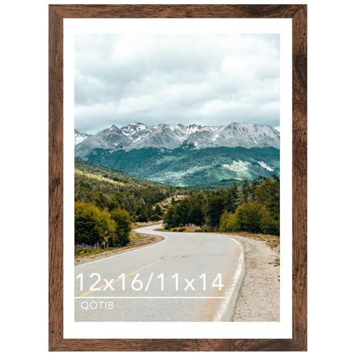 QOTIB Wood 12x16 Picture Frame with 11x14 Mat Deep Brown, Display 11x14 with Mat or 12x16 Without Mat, Wood 12 by 16 Photo Frame, 12 x 16 Frame for Wall Hanging Display, Deep Brown Deal