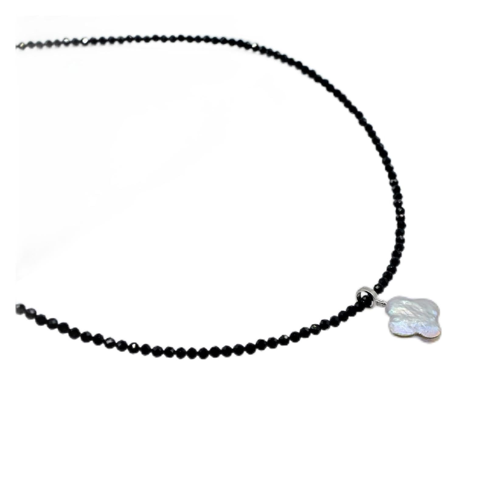 Collane da donna Squisita collana di cristallo, cristallo nero naturale, piccolo ciondolo di perle barocche a quadrifoglio 925 regalo for ragazze soddisfare accessori alla moda