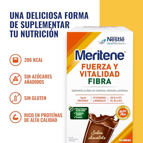 Miniatura 7 de Meritene, Fuerza y Vitalidad Fibra, Sabor Chocolate, Fuerza para tus Músculos, Vitalidad para ti, Solución Nutricional Adultos con Fibra, Proteínas, Vitaminas y Minerales, 14 Sobres, 490 gr