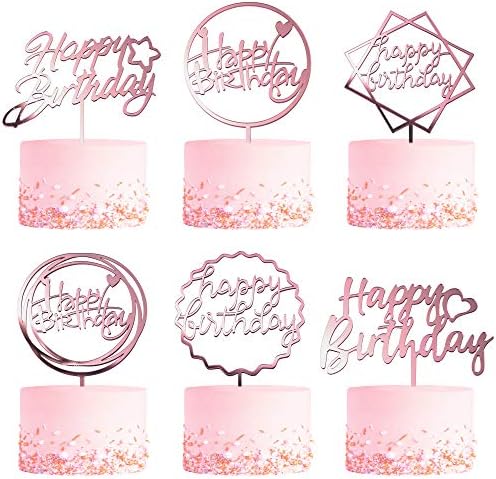 6-Pack Rose Gold Birthday Cake Topper Set, Double-Sided Glitter, Acrylic Happy Birthday Sign Cake Toppers/Cupcake Toppers, Birthday Party Decorations Supplies for Girls and Mom.