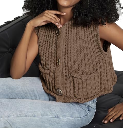 Women's Sleeveless Crochet Cardigan Vest Casual Fashion Button Down Open Front Sweater Vest with Pockets3