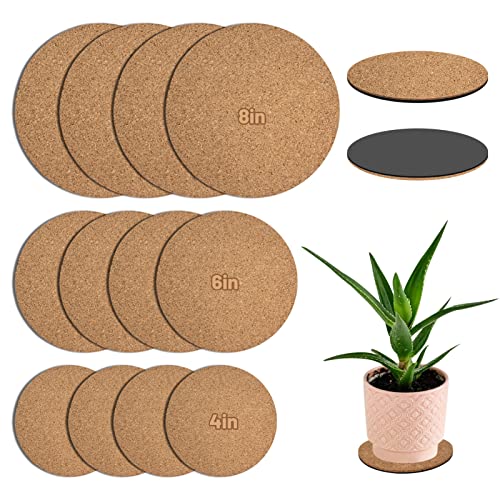 DSVENROLY Lot de 12 dessous de verre ronds en liège absorbant de 3 tailles pour plantes, jardinage, intérieur et extérieur, 10,2 cm, 15,2 cm, 20,3 cm