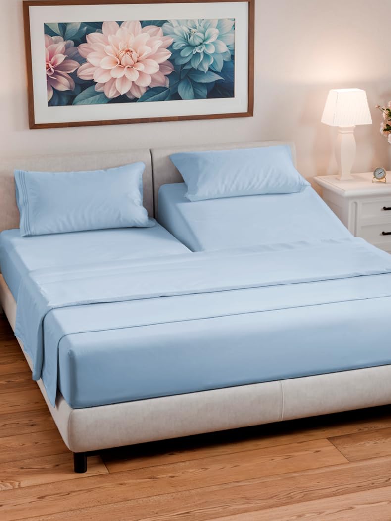 Split Head King Sheet Set - 4 Piece Flex Split Top King Sheets for Adjustable Beds - Fits 14" to 16" Mattress w/ Deep Pockets - Soft, Breathable & Cooling - Luxury Bedding and Wrinkle Free - Sky Blue