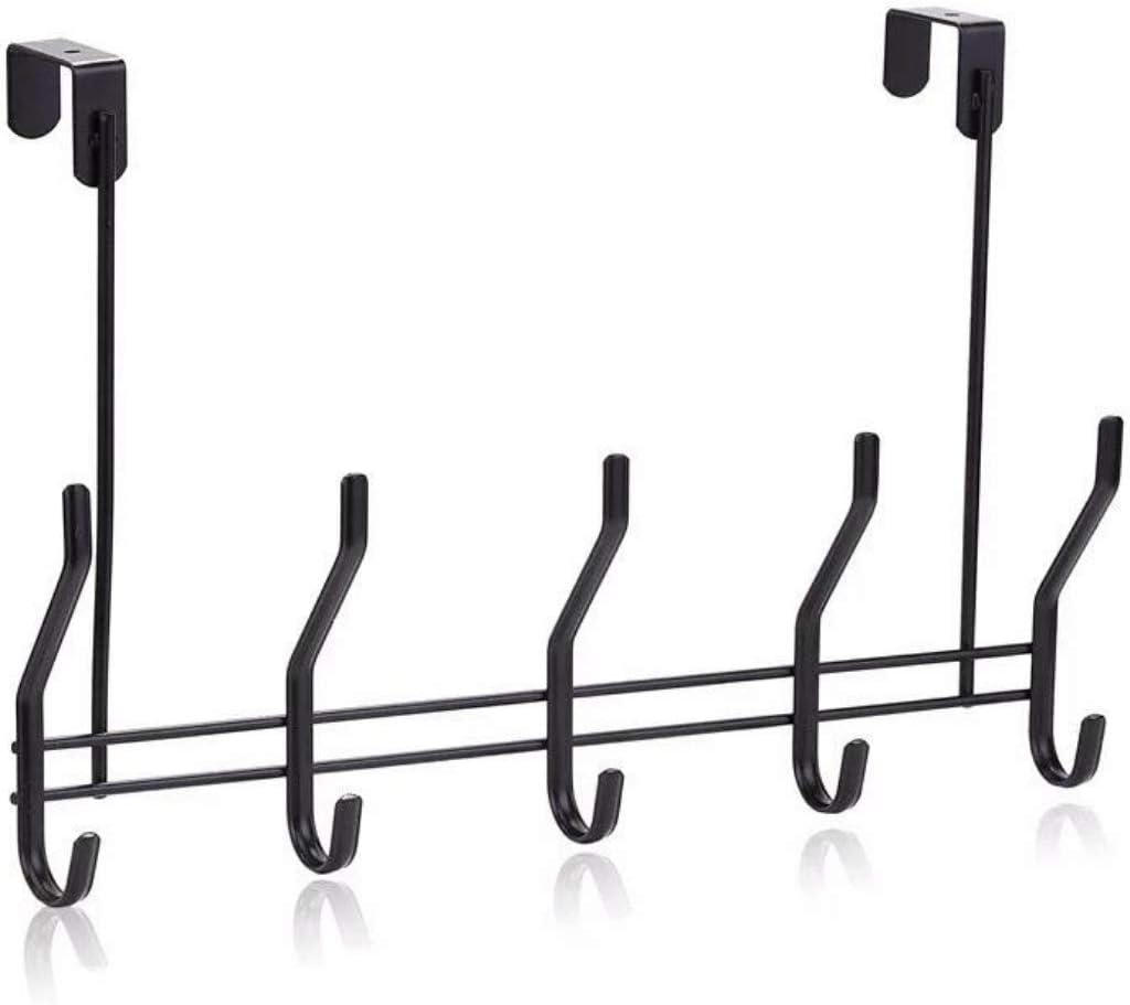 Over The Door Organizer Rack with Hooks - Heavy Duty Iron Wire Door Hanger for Coats, Bags, Hats, Towels, Clothes - Space Saving Hanging Rack Organizer (Black)