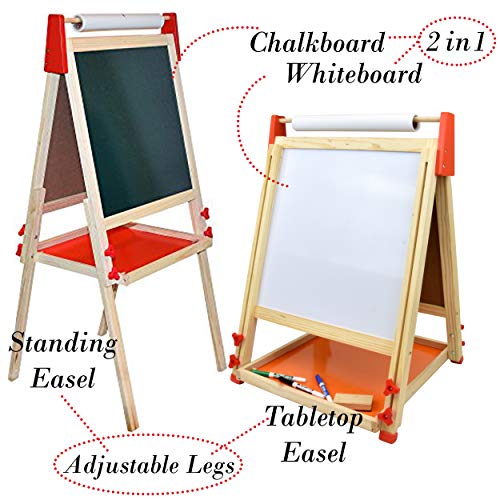 Deluxe Standing Art Easel - Dry-Erase Board, Chalkboard, Paper Roller,Magnetic Whiteboard, Includes Paper Roll, and Accessories,The Ultimate All-in-One Wooden Kid's Art Easel, Young Artist Easel