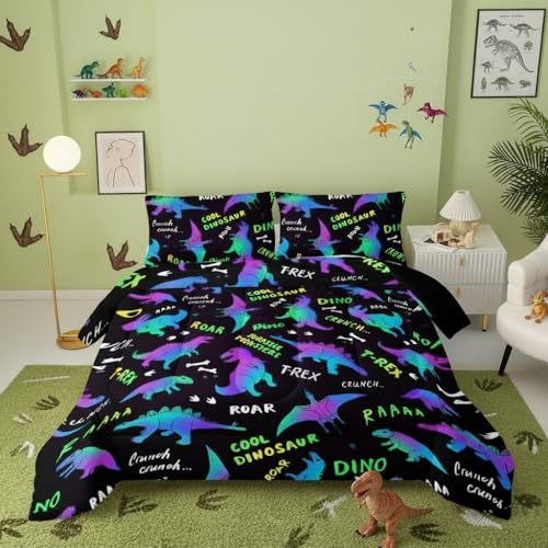 Image of QOOMO Jurassic Dinosaur Comforter Queen Size, Black Cartoon Animals Kids Bedding Set, Suitability Girs and Boys Black Decorate a Room 1 Comforter Set 2 Pillowcases