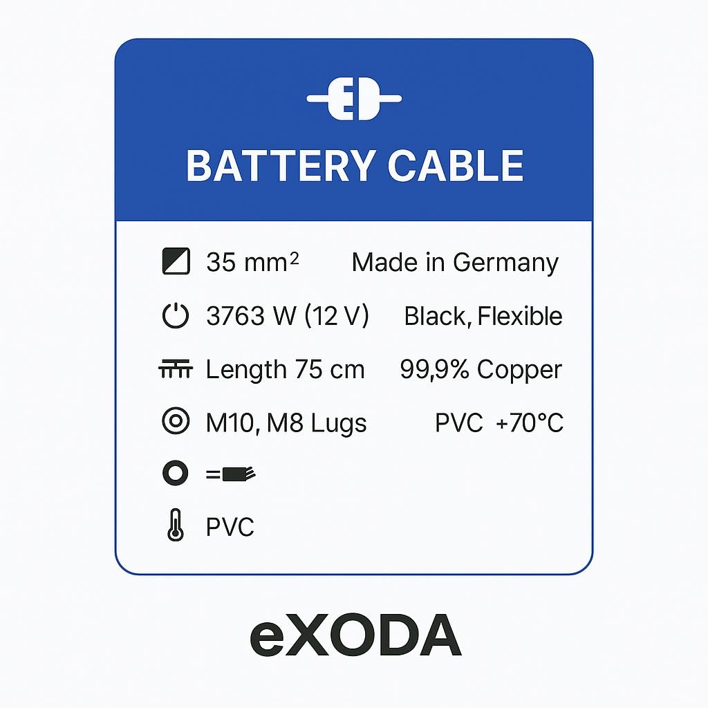 eXODA Juego de Cables de batería 35 mm² 75cm terminales M10 y M8 Negro para Auto Moto Barco Flexible 99 por ciento Cobre 12V Ideal para baterías solares y de Auto