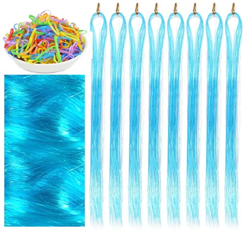 Hair Tinsel Extensions Sky Blue Colorful Glitter Tinsel Hair Kit Heat Resistant 42 Inch Sparkling Fairy Hair Accessories for Women Kids Girls 8 Pcs