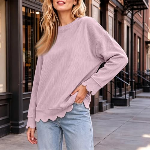 Womens Crewneck Sweatshirt Fall Corduroy Pullover Scalloped Sweatshirt - image 3