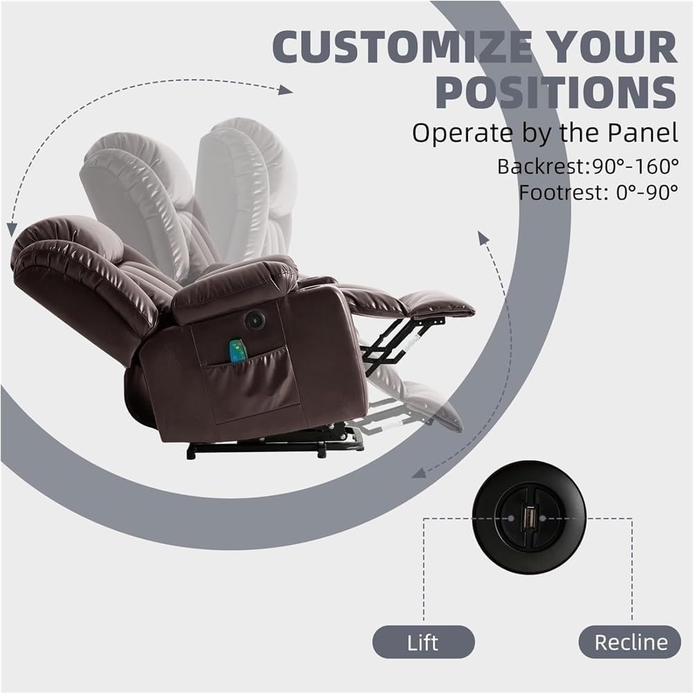 Brown Leather Electric Lift Recliner Chair for Elderly with Heat Massage USB Port Cup Holders Side Pockets Heavy Duty Comfortable Living Room Seating