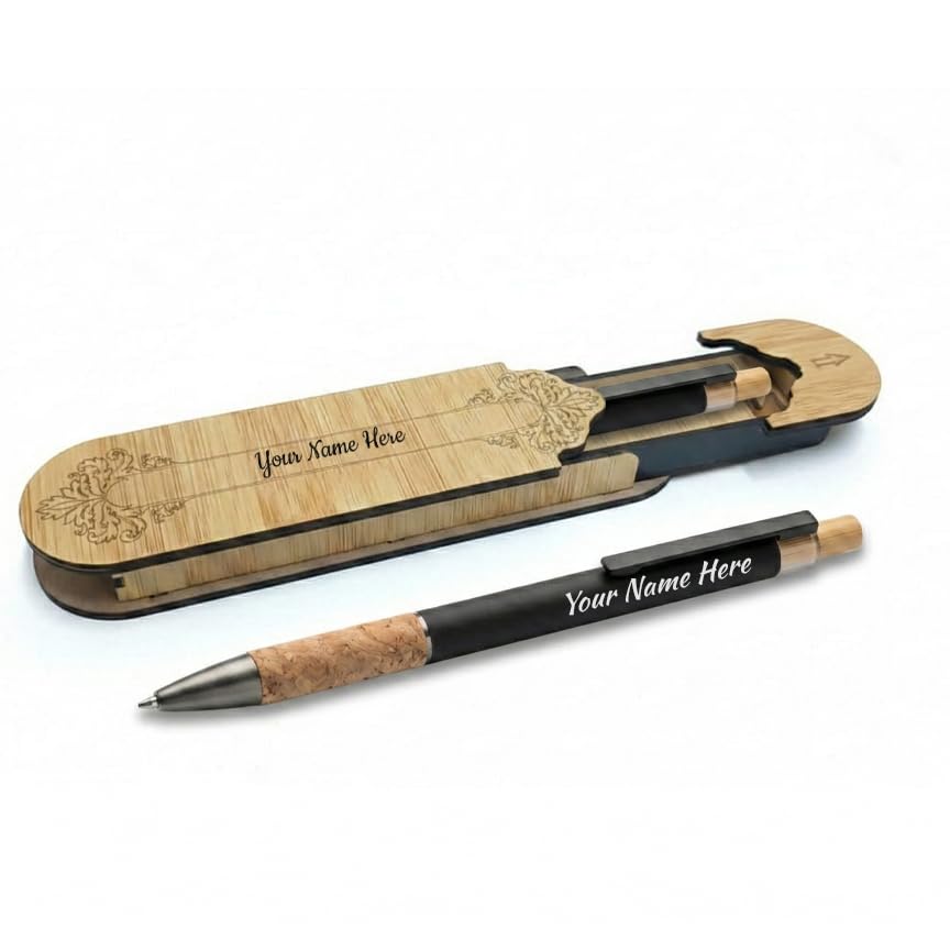 Image of Kajri Gifts Personalized Pen with Name Engraved Wooden Gift Box Best for Gifting, Corporate Gift, Doctor, Advocate, Boss, Employee, Teacher (Cork Black)