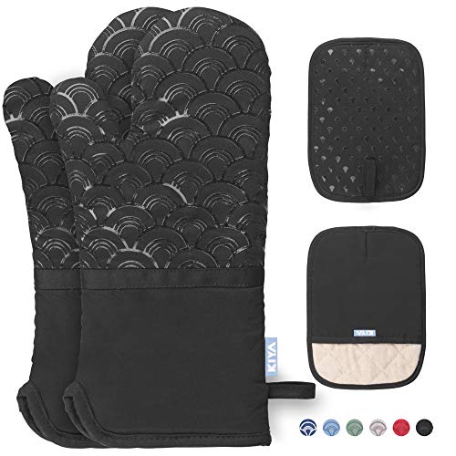 Oven Mitts and 2 Pot Holders - Extra Thicken Long Oven Gloves with 100 Cotton Infill Silicone Non-Slip Cooking Gloves for Cooking Baking Grilling4-Piece Sets Black