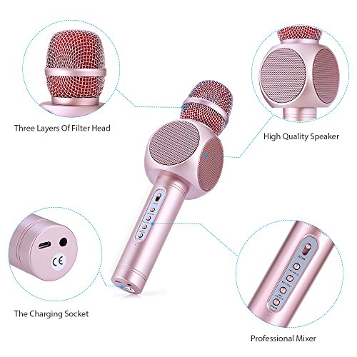 Wireless Bluetooth Karaoke Microphone, Fede 3-in-1 Portable Karaoke System with Two built-in speakers for Home KTV, Outdoor and Birthday Party. Work with Apple iPhone Android Smartphone or PC