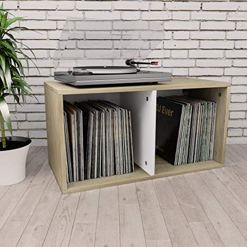 UnfadeMemory Caja de Almacenamiento para Discos de Vinilo para Mantener Organizada Colección de Música,Caja de Transporte,Armario para Oficina o Estudio,Madera Aglomerada,71x34x36cm (Blanco y Sonoma)