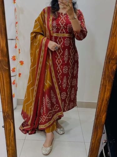 Image of ANNI Designer Women Kurta Set with Dupatta | Cotton Printed Straight Kurta Pant Dupatta Set | 3 Piece Kurti Set for Women | 3 /4 Sleeve Round Neck Cotton Suit for Daily Office Party Wedding