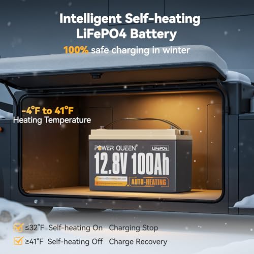 Image of Power Queen 12V 100Ah Self Heating Lithium Battery, Built-in 100A BMS, Low Temp Protection, Charging -4F /-20C, LiFePO4 Battery Up to 15000+ Cycles for RV, Off-Grid System, Trolling Motor
