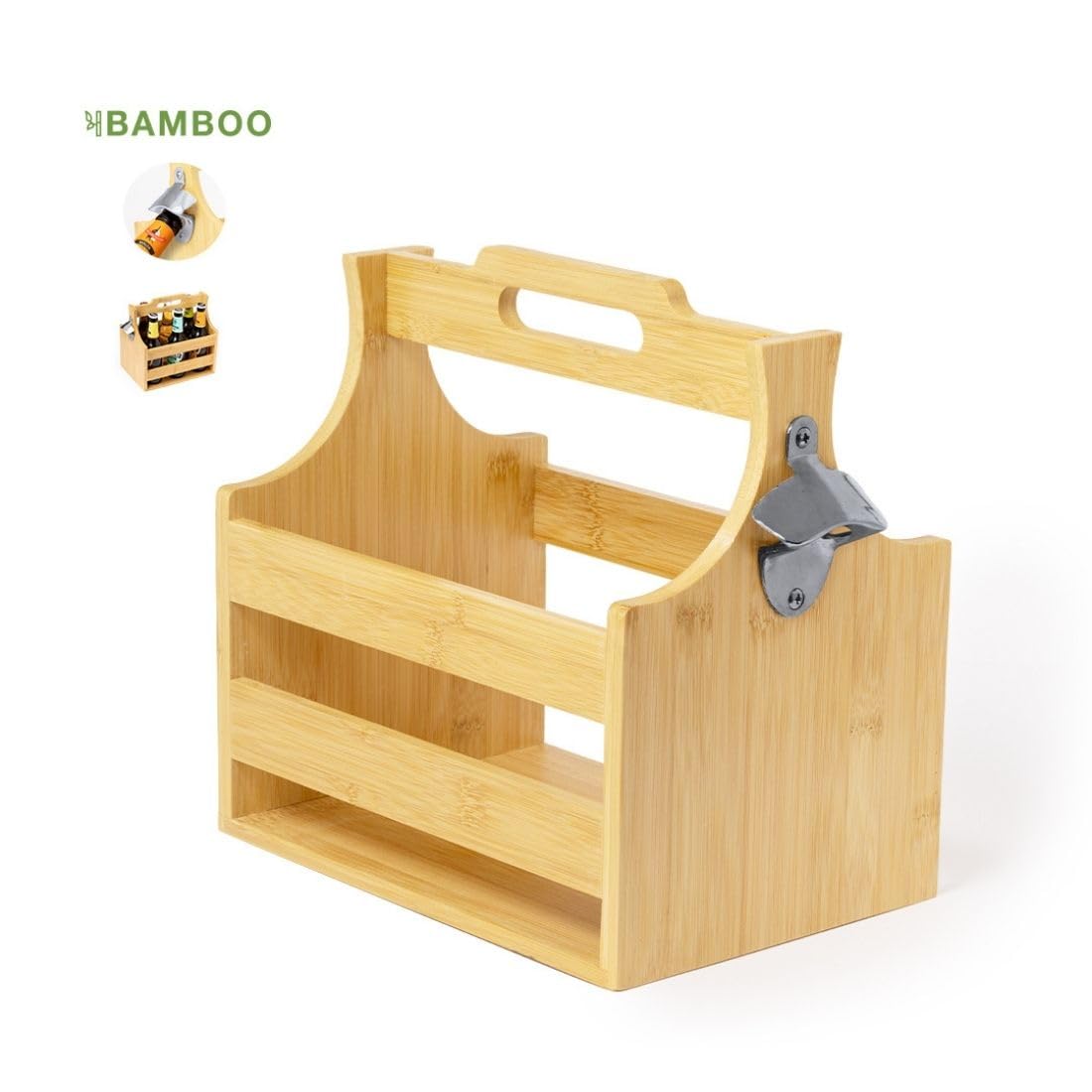 Genérico Pack 8 Portabotellas de Bambú para 6 Botellines con Abridor | Soporte para Cervezas y Bebidas | Ideal Hostelería, Bares y Restaurantes | Caja Transporte con Asa
