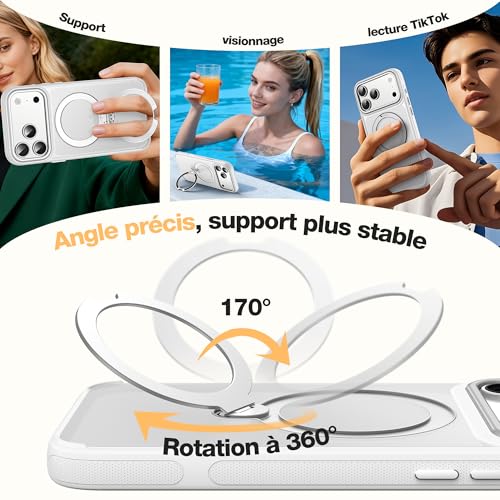 Coque iPhone 17 Pro Max Tapify avec support rotatif et anneau MagSafe blanc