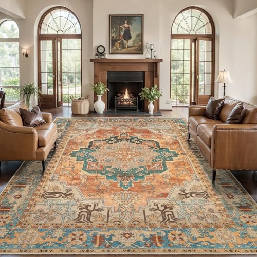 Image of Tangsoo 6x9 Washable Area Rugs for Living Room, Vintage Non Slip Orange Rug