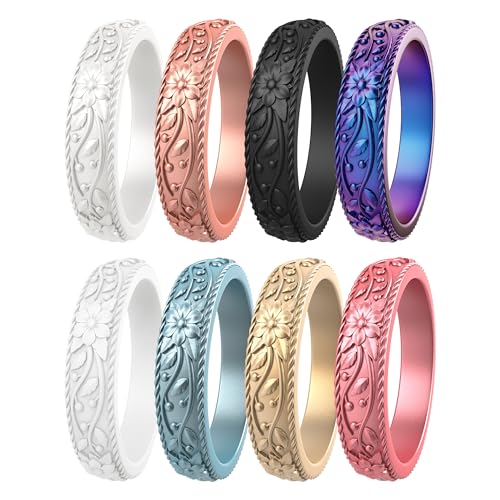 ThunderFit Silicone Rings for Women, Rubber Engagement Wedding Bands Vine Design 5.5mm Wide 2mm Thick - Variety Multipack 4-12