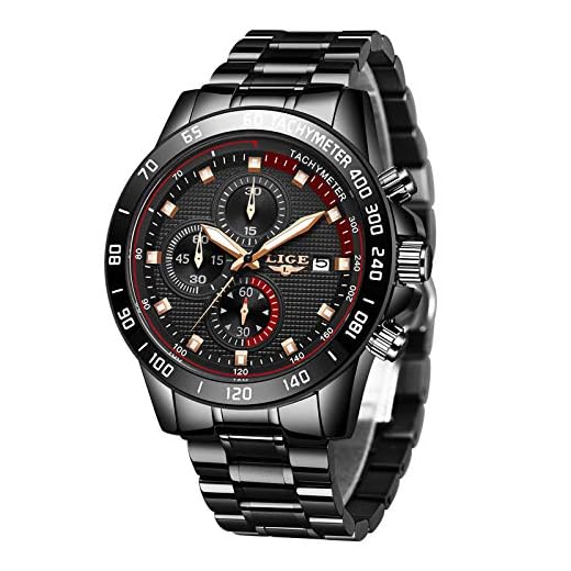 LIGE Reloj para Hombre Cronógrafo Correa de Acero Inoxidable Impermeable Deportivo Negocio Casual Reloj Negro para Caballero
