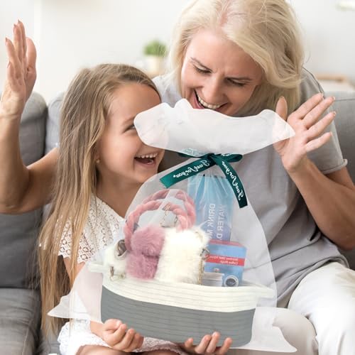 Image of Woven Basket with Gift Bags - Small Ribbons Durable Baskets for Christmas Gifts Empty Rope Basket for Storage 12 inchX 8 inch X 5 inch Baby Toy Basket with Handles (Grey)