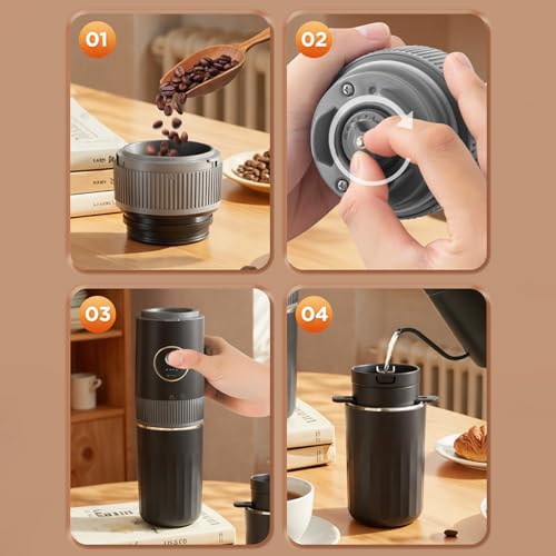 Image of Electric Coffee Machine Grinder and Pour Over Coffee Maker Portable Rechargeable Stainless Steel Cup 7 Grind Settings for Travel Camping Office Home (Black)