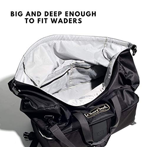 Clear Creek Half Hitch Fishing Waders Duffel Bag with Wet and Dry Split Compartment Tackle Storage - Tough and Durable Water-Repellent Fishing Gear Bag, Black