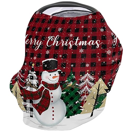 Nursing Cover for Breastfeeding Scarf, Merry Christmas Xmas Tree Snowman Snowflake Red Plaid Baby Car Covers Super Soft Multi Use for Canopy Shopping Cart Cover Blanket Stroller Cover