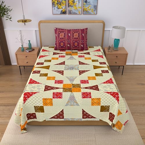 Image of 100% Cotton Single Bedsheet with 1 Pillow Cover | 240 TC Pure Cotton Flat Bed Sheet | Traditional Jaipuri Printed Bedding Set | Soft & Breathable | 60 x 90 Inch (Rangmahal Single 66)
