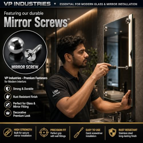 Image of Rely⇒VP INDUSTRIES (Pcs-25) No.8x50 mm Mirror Screw Self-Tapping with Button - 12mm Brass Nickel Round Dome Cap, Decorative Screw for Glass, Mirrors, Cabinets, Display Panels & Advertising Boards