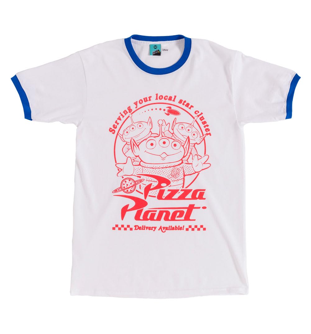 Truffleshuffle Men's White Disney Toy Story Pizza Planet Aliens And Blue Ringer T Shirt