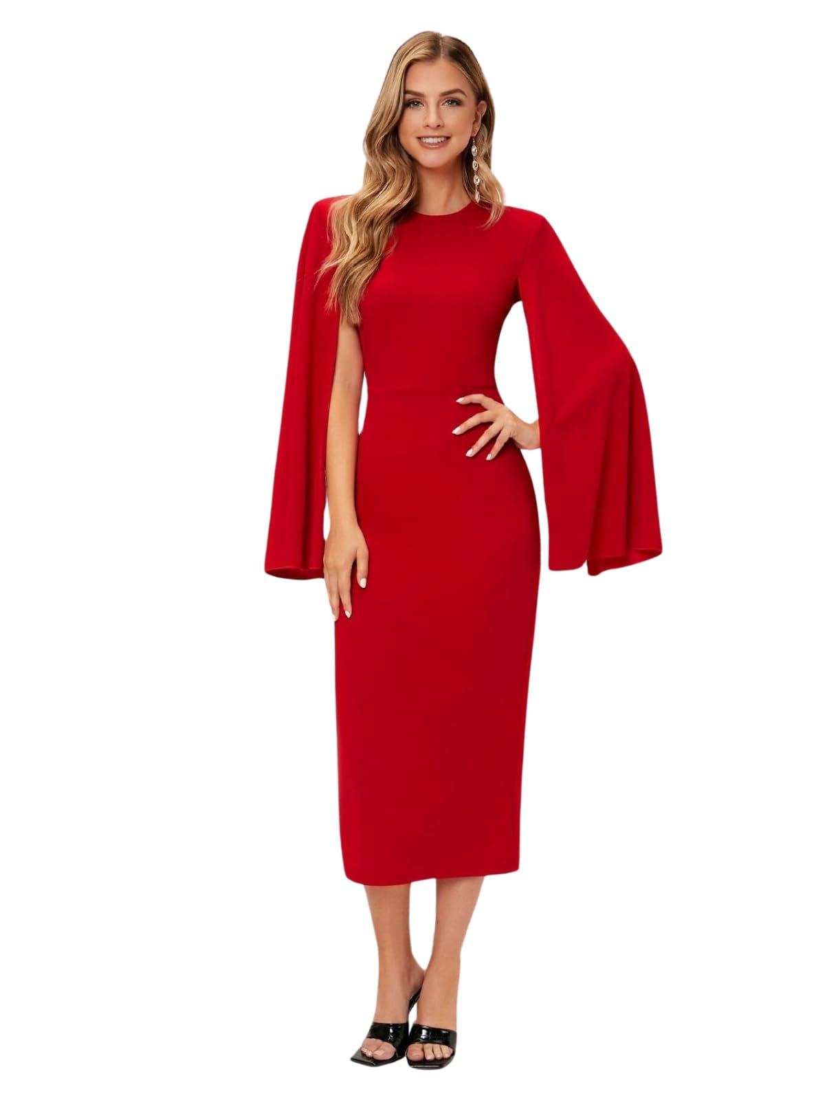 Kotty Women Slit Sleeves Bodycon Midi Dress M