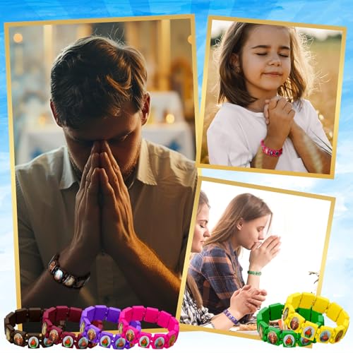 Wood Catholic Bracelets for Women Men Elastic Religious Bracelets with Images Christian Saints Rosary Wristbands Jesus and Rosary Decor for Guest Jesus Baptism First Communion Gift4
