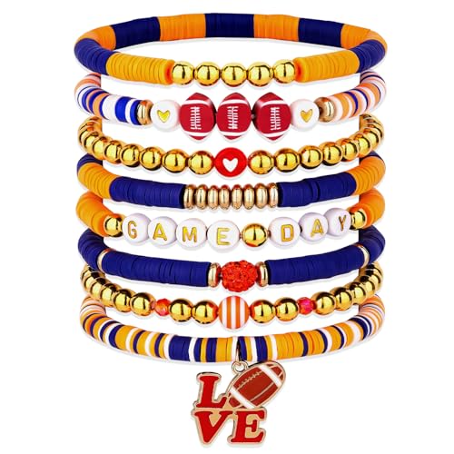 Game Day Bracelets for Women - Red, Orange, Blue Heishi Clay Beaded Stretch Bracelets - Stackable Sports Charm Bracelet Bangles