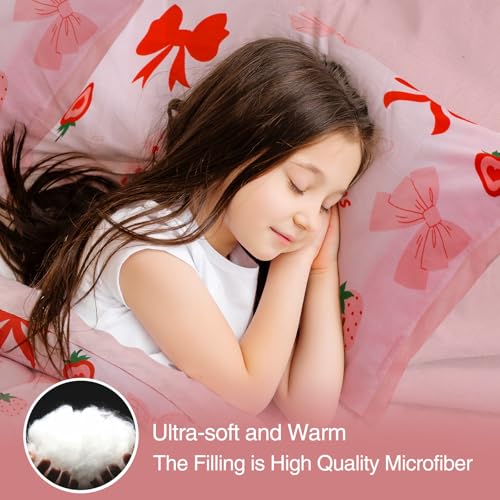 Image of A Nice Night Red Bow Comforter Set,6Pc Full Bedding Sets for Girls | Cute Ribbon Bowknot Strawberry Printe,Bed in a Bag With Sheet Sets,Light Pink Room Decor,Ultra Soft,Machine Washable