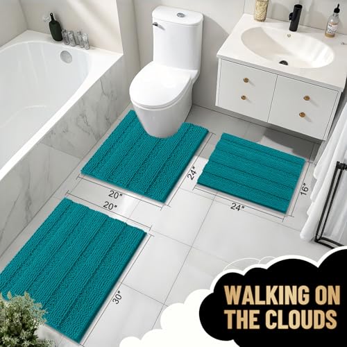Image of OLANLY Thick Bathroom Runner Rugs 44x24, Extra Absorbent Chenille Striped Bath Rugs, Rubber Backing, Machine Wash Dry, Long Bath Mats for Bathroom, Tub and Shower, Home Decor Accessories, Deep Lake