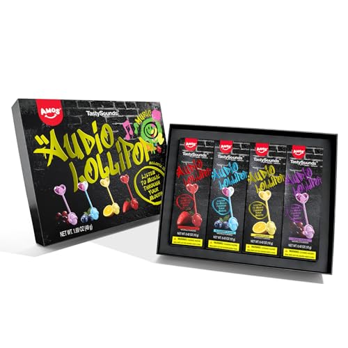 AMOS Music Lollipop Candy Suckers – TastySounds Audio Hip Hop Singing Lollipop, Assorted Fruit Flavors, Sugar-Free, Low-Calorie Snack, 4-Pack Gift Box