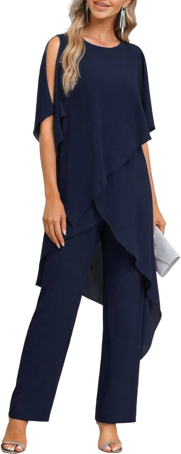 Chiffon Mother of The Bride Pants Suit for Women 2 Pieces Dressy Grandmother Pantsuits Formal Evening Outfits