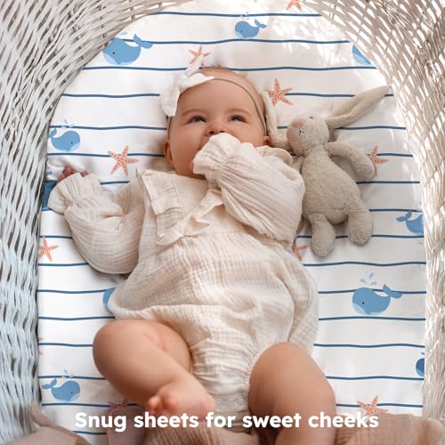 Image of Baby Bassinet Sheets, 3 Pack Fitted Bassinet Mattress Sheets, Compatible with Halo Bassinest Swivel Sleeper & Oval Hourglass Rectangle Mattress, Ultra Soft Blue Ocean Whale