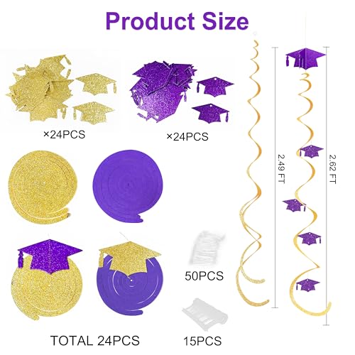 Image of 24Pcs Purple Gold Graduation Grad Cap Hanging Felt Swirl Streamer Spiral Ceiling Garland for Congrats Grad You Did It Class of 2026 We are So Proud of You I'm Done Themed Party Decorations Supplies