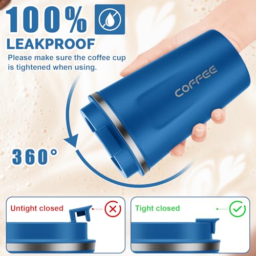 MOMSIV Coffee Cup, 380ml Vacuum Reusable Leakproof Double Wall Coffee Cup, Insulation Stainless Steel Eco-Friendly Travel Office Mug for Hot Coffee Tea and Cold Drinks (Diamond Blue) - Image 3