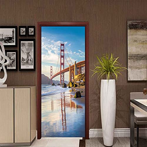 CBWRAW 3D Pegatinas Para Puertas Papel Tapiz Murales Paisaje Del Puente Rojo Sala De Estar Dormitorio Impermeable Creativo Foto Moderno Arte Wallpaper Decorativas Diy Póster Calcomanía 77x200cm