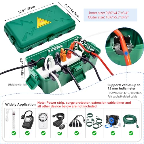 Image of Hrensaw Medium Outdoor Electrical Box(10.6x5.7x4.9inch),Weatherproof Connection Box w /6 Cable Entry,IP54 Waterproof Extension Cord Cover Protect Power Strip,Timer,Plug,Holiday Lights,Green