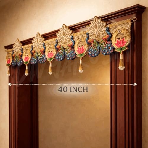 Image of Divyakosh Handcrafted Peacock Lotus Toran Door Hanging 40 Inch | Traditional Indian Bandarwal for Home Entrance, Pooja Room, Diwali, Wedding & Festive Decoration