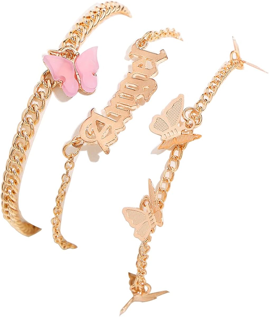 Nanafast 3 Pcs Butterfly Anklet Set Angel Name Anklet for Women Girls Adjustable Personalized Anklet Beach Foot Anklet Bracelet Jewelry pink