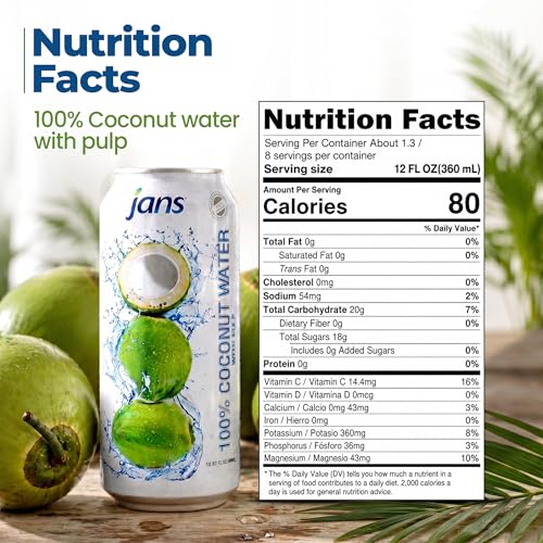Image of Jans 100% Coconut Water with Pulp, No Added Sugar, Natural Electrolyte Hydration Drink, Unsweetened Coconut Juice Beverage, 16.57 Fl Oz Cans (Pack of 12)