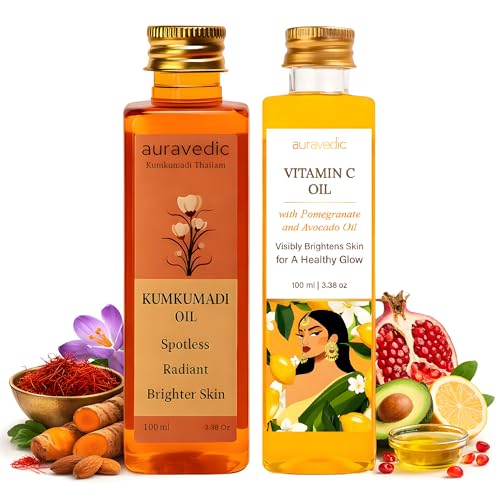 Image of Auravedic Kumkumadi Tailam & Vitamin C Face Oil, Pack of 2 (100ml Each), Glow-Boosting Face & Body Oil With Rosehip For Bright, Radiant Skin, After Bath Daily Use