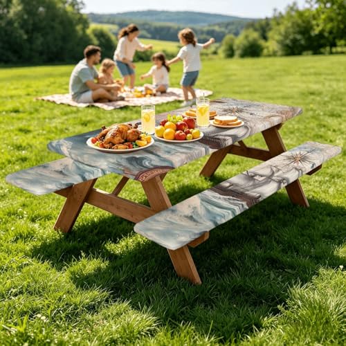 Mantel ajustable impermeable con gomas para mesas y bancos de camping 8