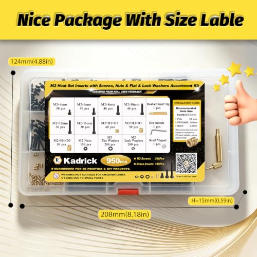 Image of 950Pcs M2 Heat Set Inserts & Screw Kit, Brass Threaded Inserts for 3D Printing,M2x4-16mm Socket Cap Screws & M2xH2 /3 /4 Brass Heat Inserts, with Installation Tip & Hex Key